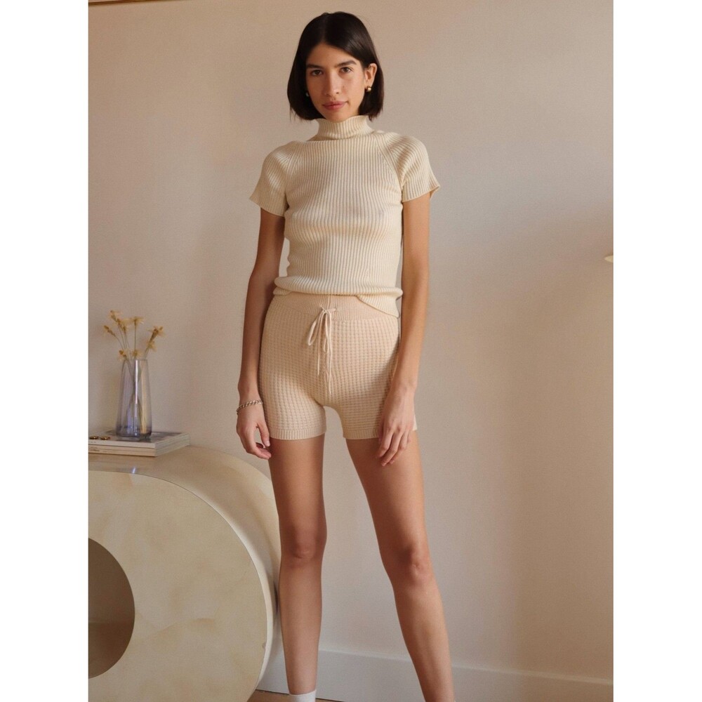 Women's Nia Beige Waffle Knit Drawstring Lounge Shorts Size M